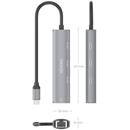 AISENS Dock USB-C a Ethernet Gigabit + Hub 3xUSB-C, Gris, 15cm